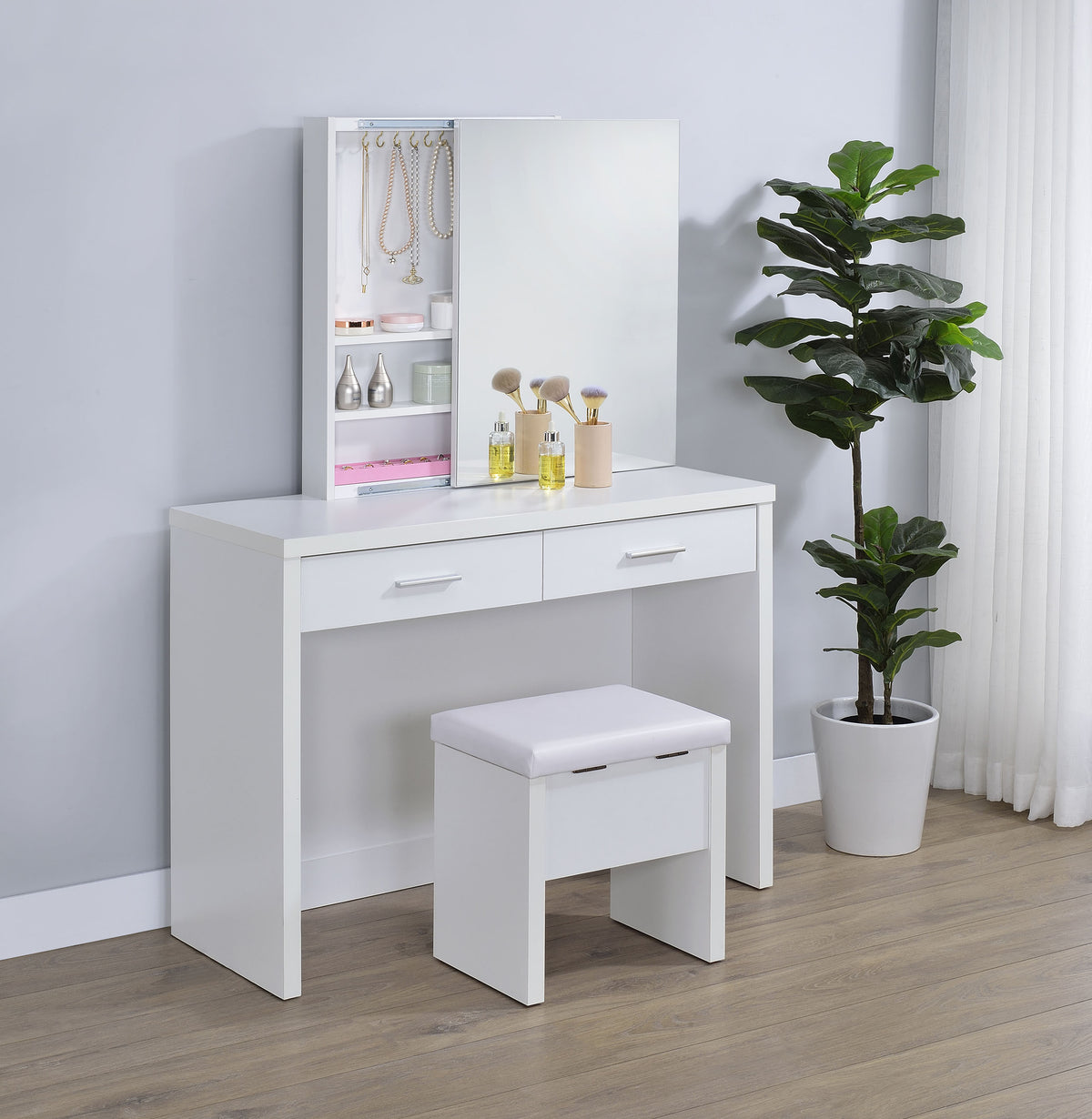 Bunbury Makeup Vanity Set with Mirror & Stool - 2-Drawer Dressing Table in White – view 3