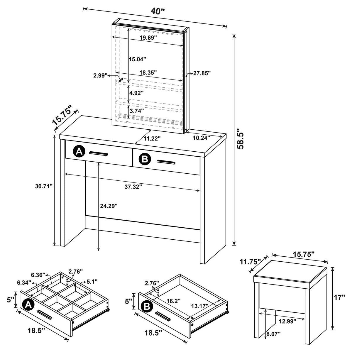 Bunbury Makeup Vanity Set with Mirror & Stool - 2-Drawer Dressing Table in White – view 20