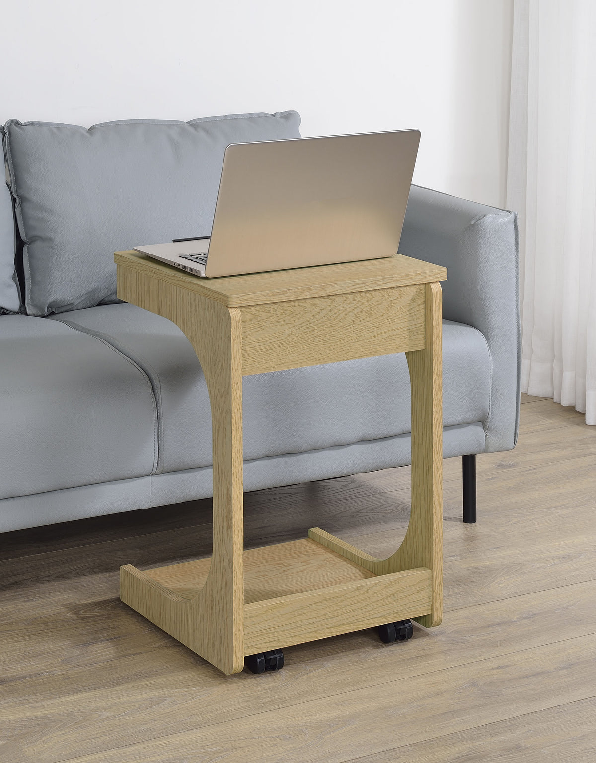 Ralston C-Shaped Lift-Top Sofa Side Table with Casters - Light Oak with Black Accents – view 1