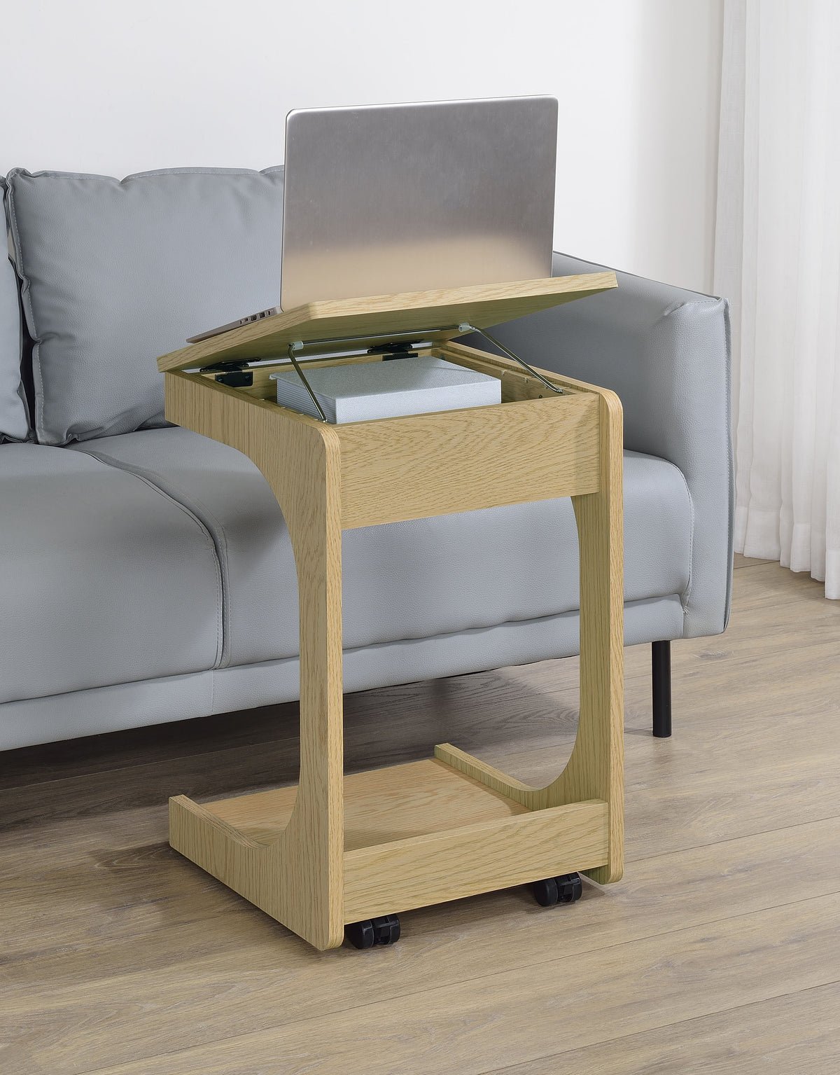 Ralston C-Shaped Lift-Top Sofa Side Table with Casters - Light Oak with Black Accents – view 3