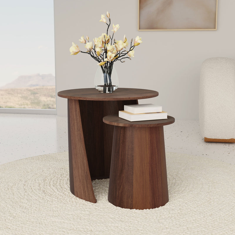 Yency 2-Piece Round Solid Mango Wood Nesting Tables - Mid-Century Dark Brown, Arrive Assembled
