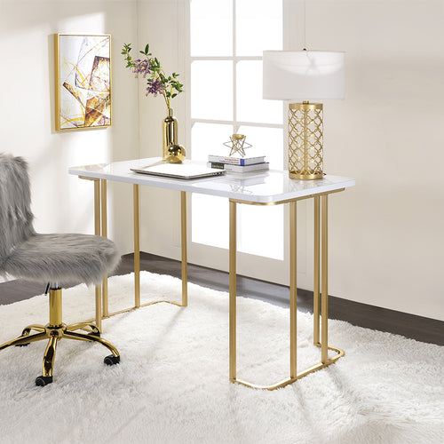 Estie Writing Desk - Open Gold Metal Sled Base with White Top