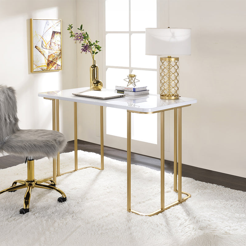 Estie Writing Desk - Open Gold Metal Sled Base with White Top