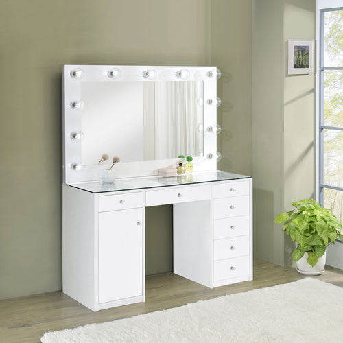 Acena Lighted Vanity Set with 7 Drawers - Hollywood Mirror with 11 Globe Lights in White or Black High Gloss