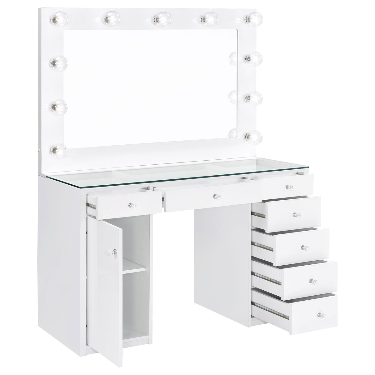 Acena Lighted Vanity Set with 7 Drawers - Hollywood Mirror with 11 Globe Lights in White or Black High Gloss – view 5