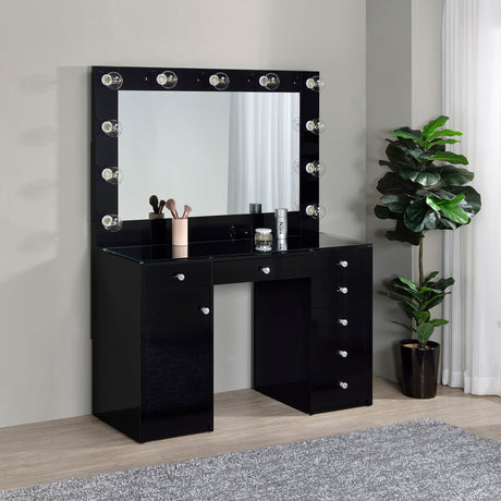 Acena Lighted Vanity Set with 7 Drawers - Hollywood Mirror with 11 Globe Lights in White or Black High Gloss – view 2
