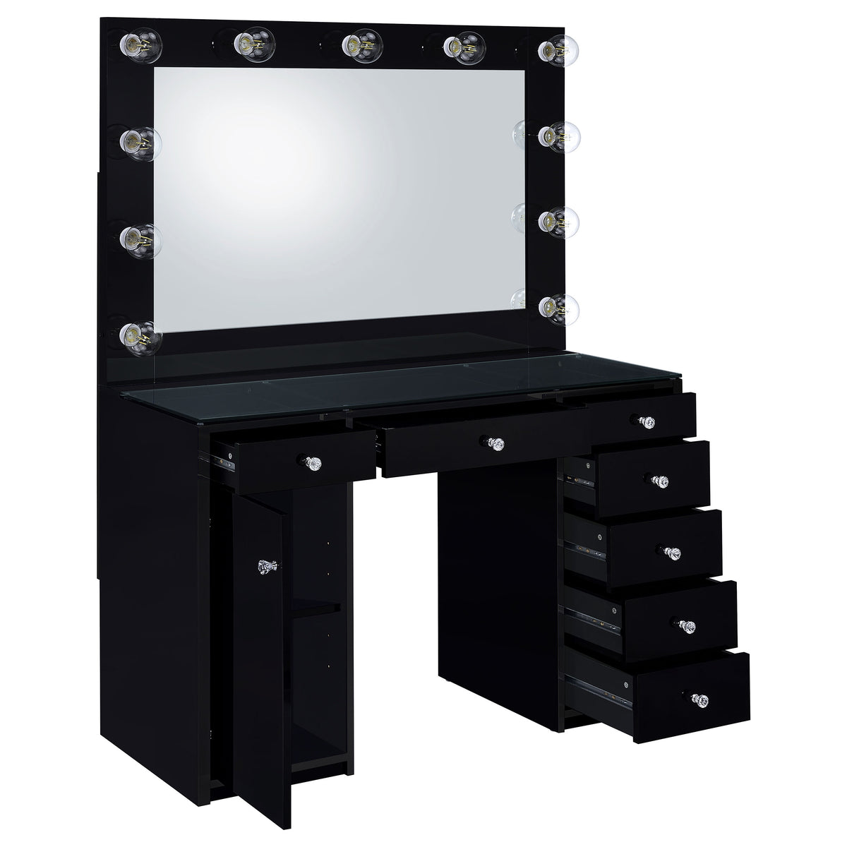 Acena Lighted Vanity Set with 7 Drawers - Hollywood Mirror with 11 Globe Lights in White or Black High Gloss – view 10