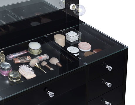 Acena Lighted Vanity Set with 7 Drawers - Hollywood Mirror with 11 Globe Lights in White or Black High Gloss – view 16