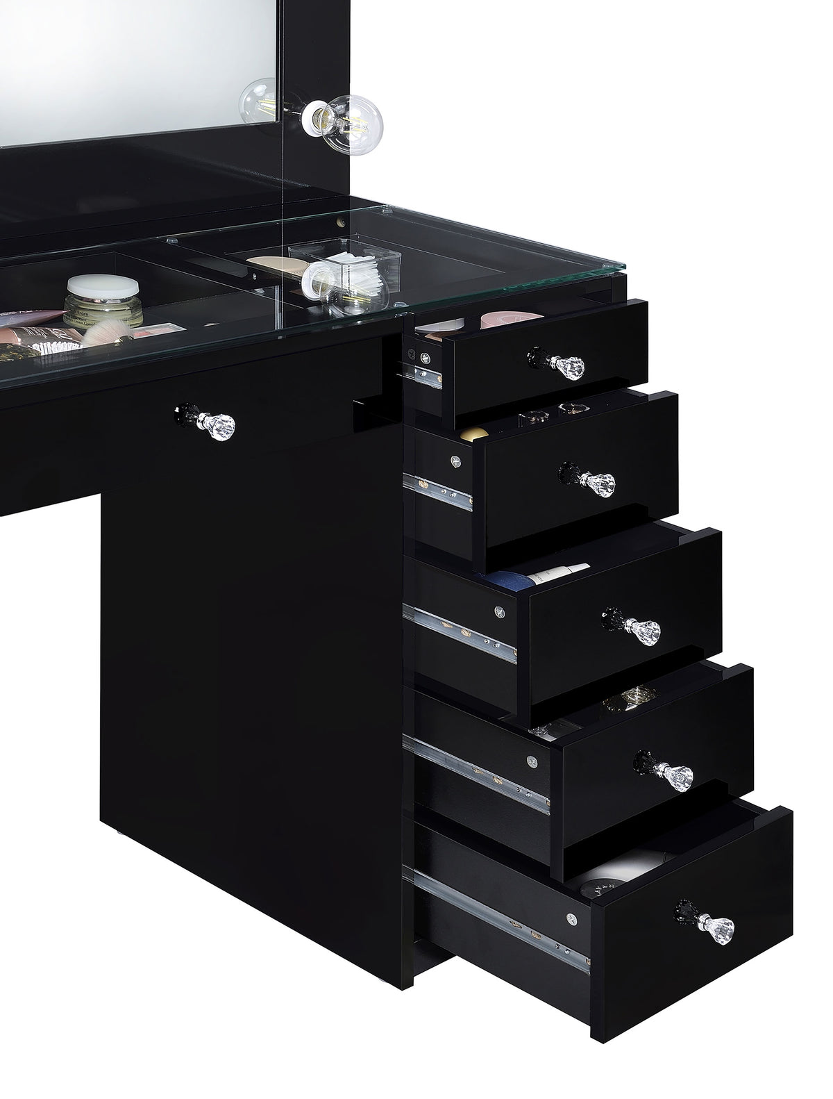 Acena Lighted Vanity Set with 7 Drawers - Hollywood Mirror with 11 Globe Lights in White or Black High Gloss – view 17