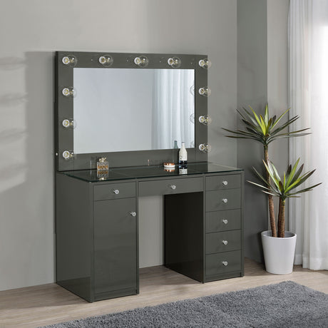 Acena 7-Drawer Vanity Set with Lighted Mirror - Hollywood Style in Grey High Gloss – view 1