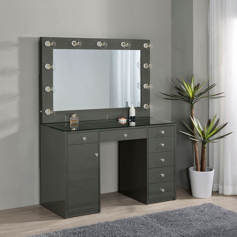 Acena 7-Drawer Vanity Set with Lighted Mirror - Hollywood Style in Grey High Gloss