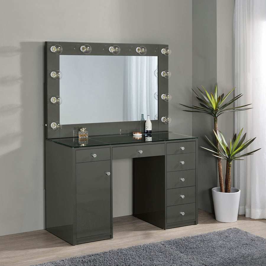 Acena 7-Drawer Vanity Set with Lighted Mirror - Hollywood Style in Grey High Gloss