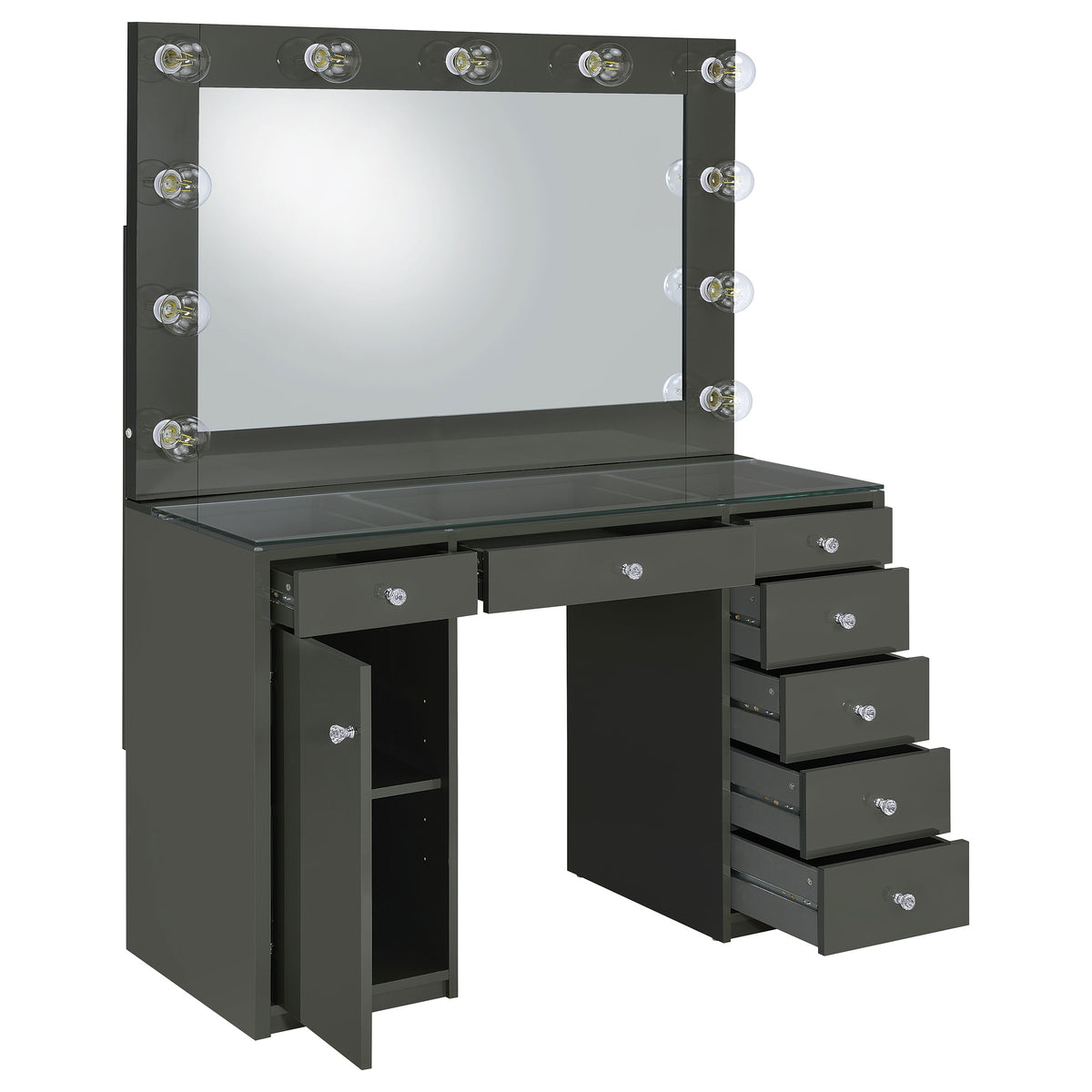 Acena 7-Drawer Vanity Set with Lighted Mirror - Hollywood Style in Grey High Gloss – view 4