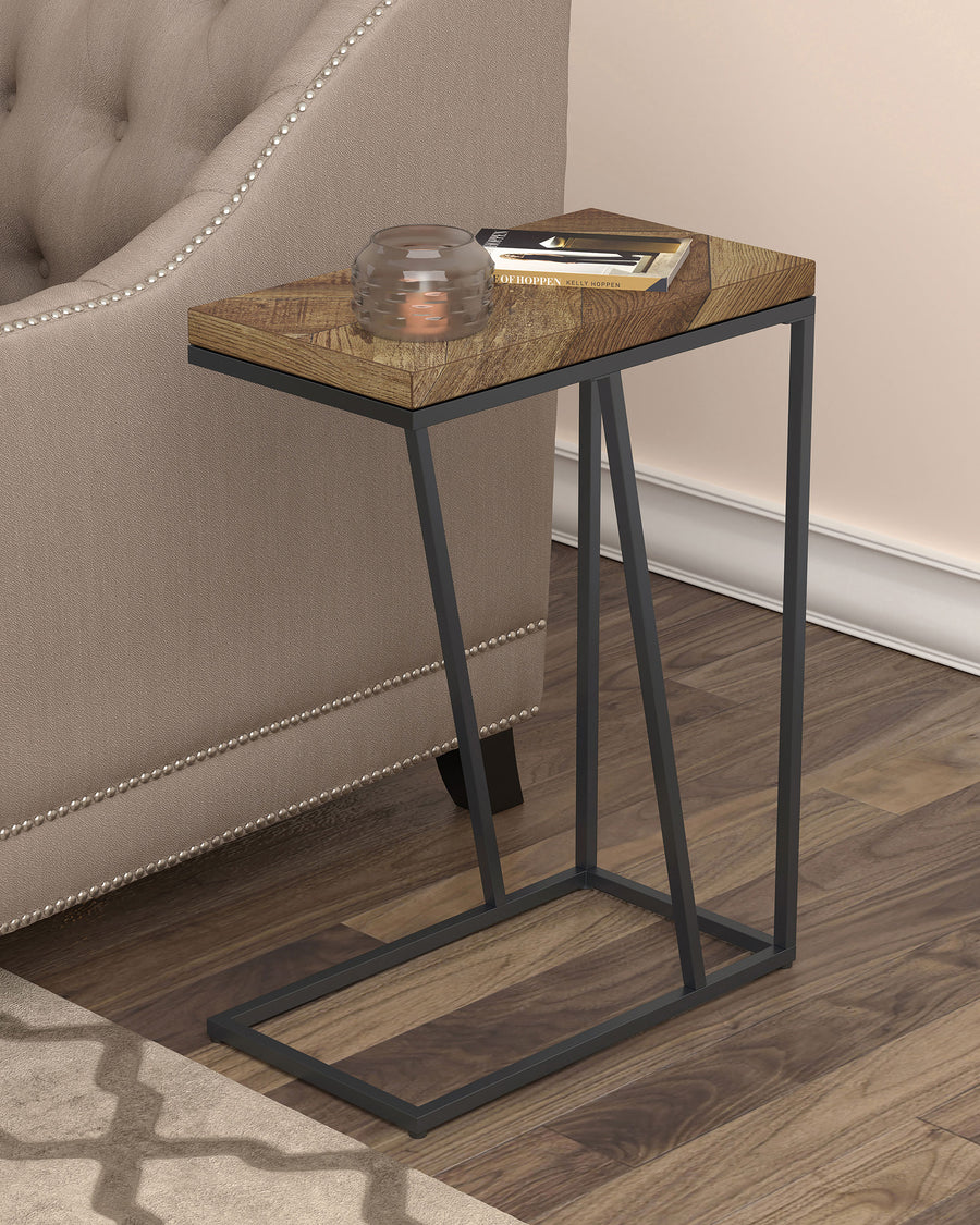 Sergio C-Shaped Side Table - Rustic Tobacco Top on Black Metal Base