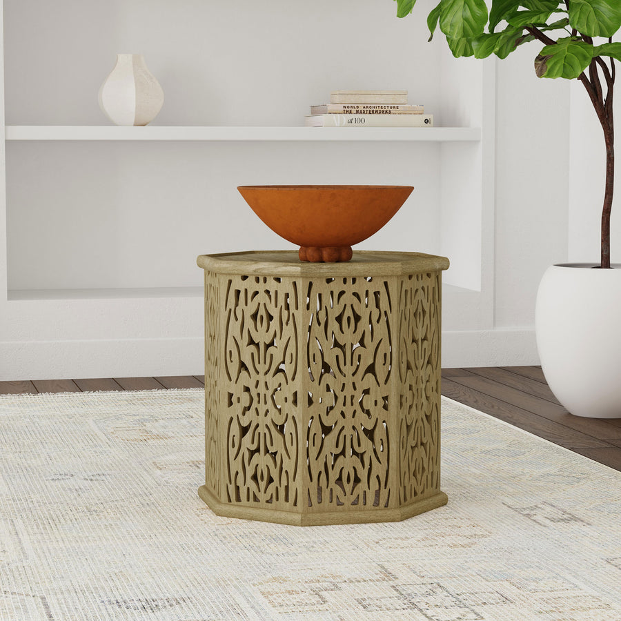 Torres Octagonal Carved Solid Mango Wood Side Table - Coastal Natural Drum, Arrives Assembled
