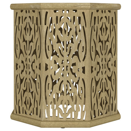 Torres Octagonal Carved Solid Mango Wood Side Table - Coastal Natural Drum, Arrives Assembled – view 3