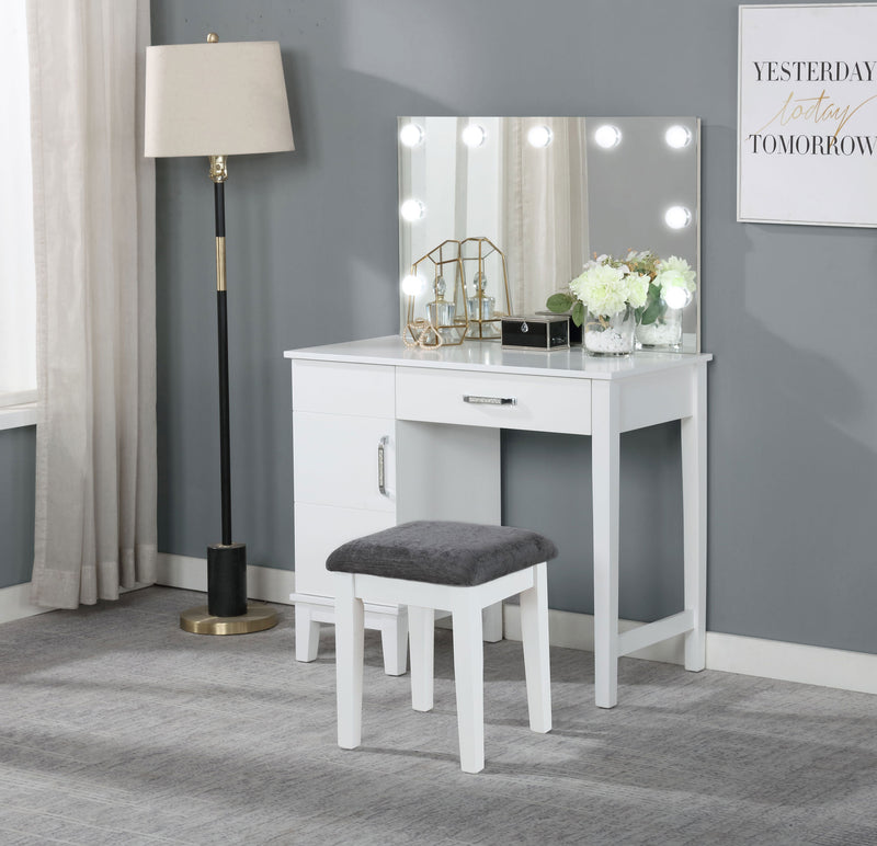 Elijah Vanity Set with Lighted Hollywood Mirror & Stool - White with Dark Grey Cushion