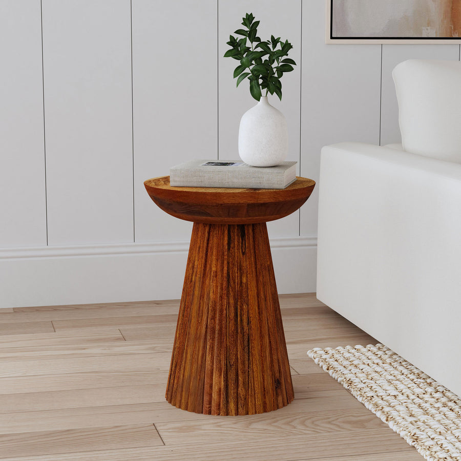 Aureo Round Mango Wood Side Table - Bowl-Shaped Top & Scalloped Pedestal in Wild Honey
