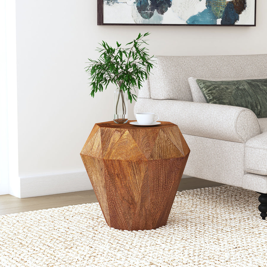 Jacinto Octagonal Solid Mango Wood Side Table - Gemstone-Inspired Facets in Natural or Grey