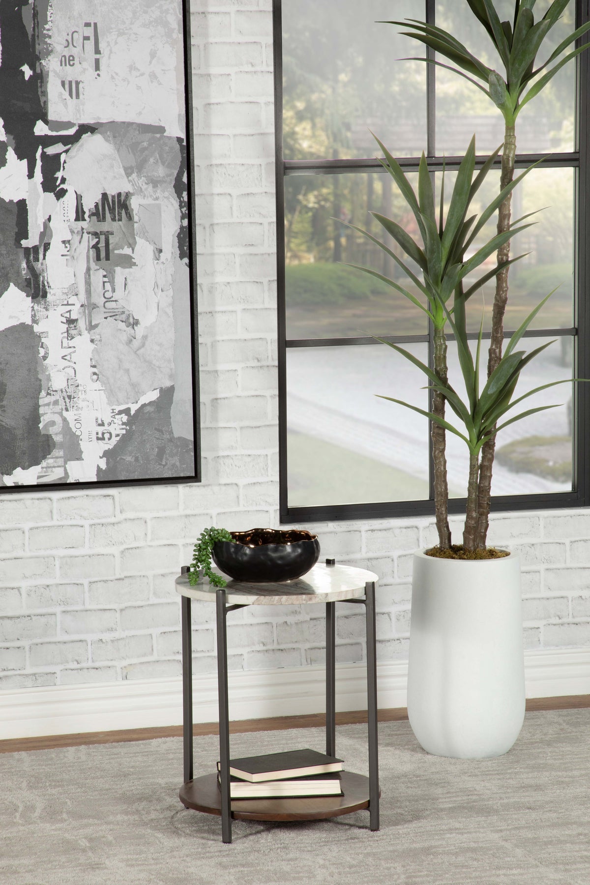 Noemie Round Marble Top Side Table - Gunmetal Iron Frame with Solid Mango Wood Shelf – view 1