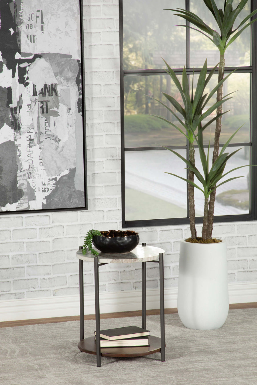 Noemie Round Marble Top Side Table - Gunmetal Iron Frame with Solid Mango Wood Shelf