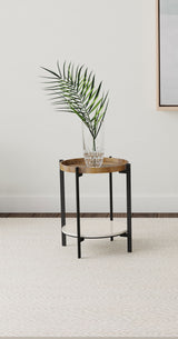 Adhvik Round End Table with Marble Shelf - Natural Mango Wood Top on Black Iron Legs – view 1