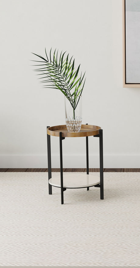 Adhvik Round End Table with Marble Shelf - Natural Mango Wood Top on Black Iron Legs – view 1