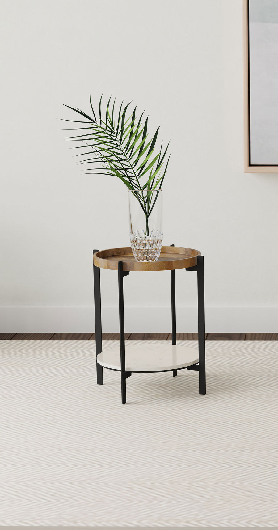 Adhvik Round End Table with Marble Shelf - Natural Mango Wood Top on Black Iron Legs