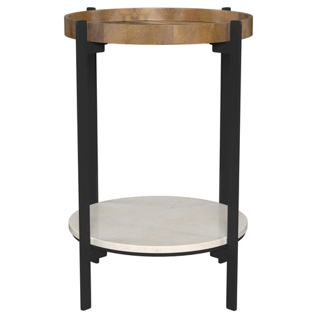 Adhvik Round End Table with Marble Shelf - Natural Mango Wood Top on Black Iron Legs – view 3