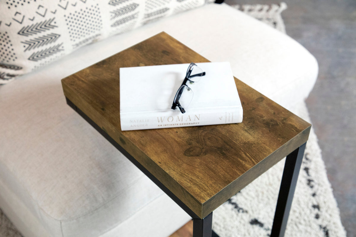 Beck C-Shape Sofa Side Table - Industrial Rustic Nutmeg Top with Black Steel Frame – view 3
