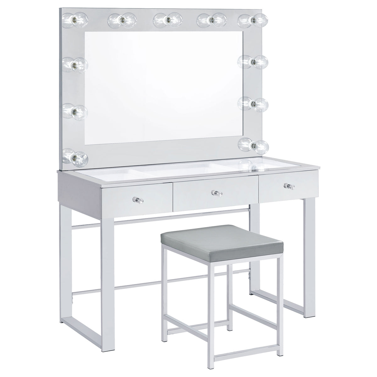 Umbridge Hollywood Vanity Set with LED Bulb Mirror & Stool - Mirrored Chrome with Glass Top Drawers – view 11