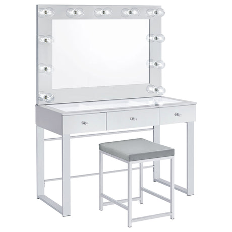 Umbridge Hollywood Vanity Set with LED Bulb Mirror & Stool - Mirrored Chrome with Glass Top Drawers – view 11