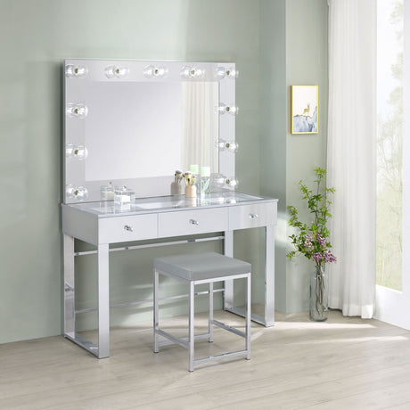 Umbridge Hollywood Vanity Set with LED Bulb Mirror & Stool - Mirrored Chrome with Glass Top Drawers – view 12