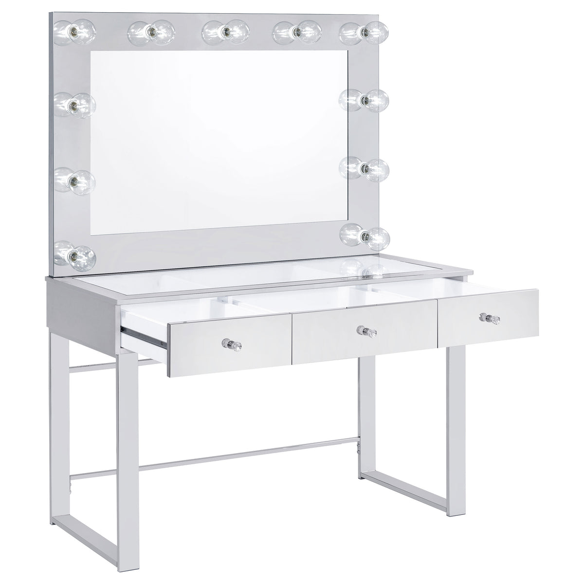 Umbridge Hollywood Vanity Set with LED Bulb Mirror & Stool - Mirrored Chrome with Glass Top Drawers – view 5