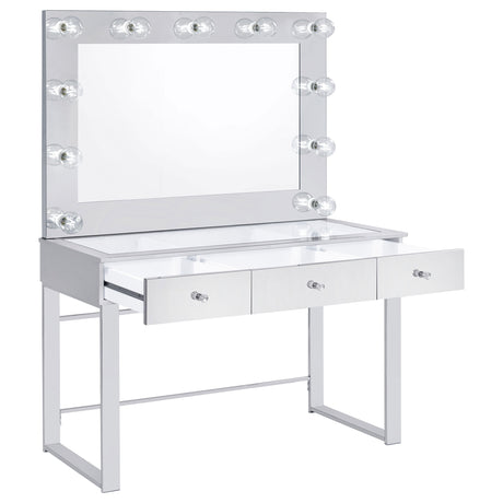 Umbridge Hollywood Vanity Set with LED Bulb Mirror & Stool - Mirrored Chrome with Glass Top Drawers – view 5