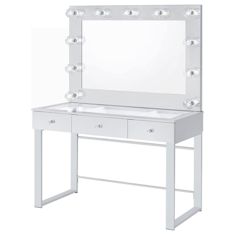 Umbridge Hollywood Vanity Set with LED Bulb Mirror & Stool - Mirrored Chrome with Glass Top Drawers – view 6