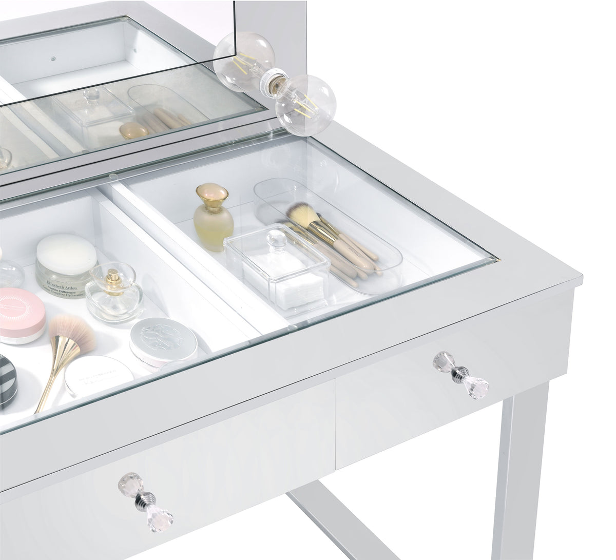 Umbridge Hollywood Vanity Set with LED Bulb Mirror & Stool - Mirrored Chrome with Glass Top Drawers – view 7