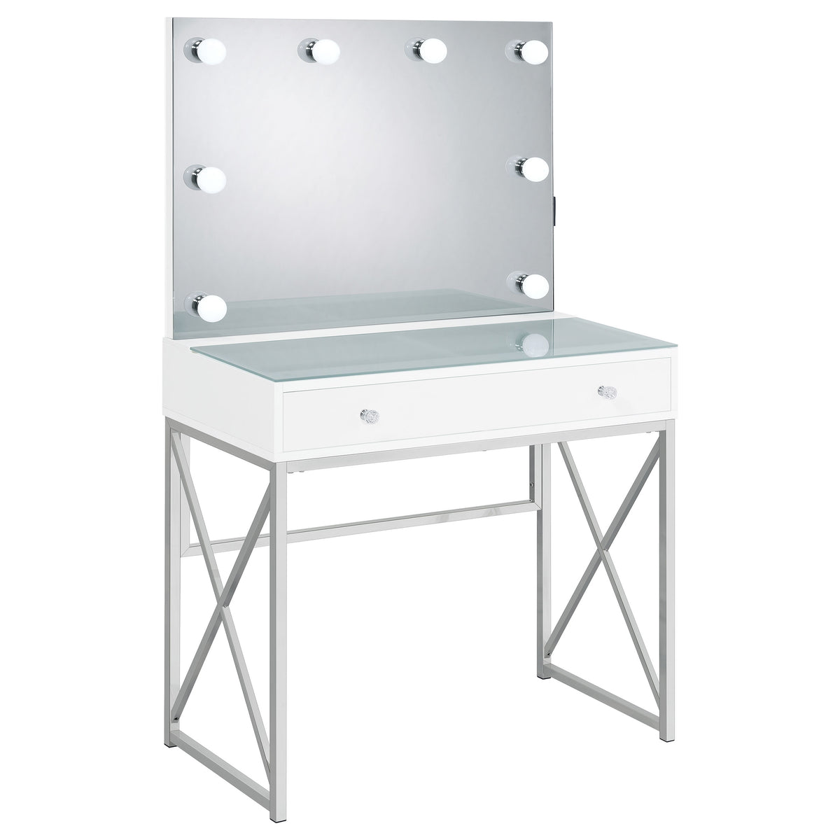 Eliza Makeup Vanity Set with Lighted Mirror & Stool - White with Chrome Accents – view 3