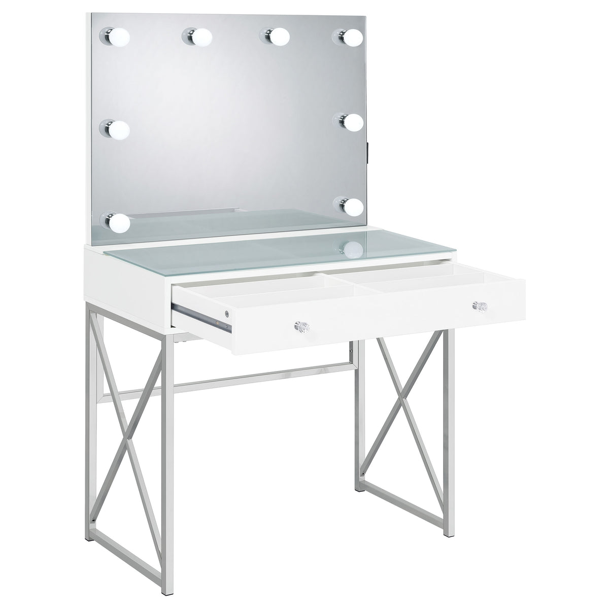 Eliza Makeup Vanity Set with Lighted Mirror & Stool - White with Chrome Accents – view 4