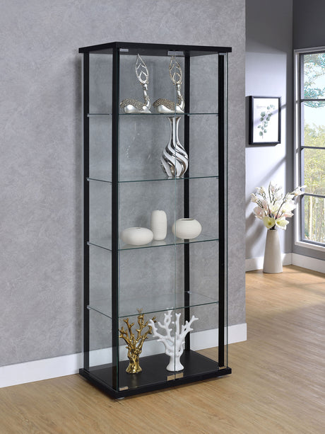 Delphinium Glass Curio Cabinet - 4 Clear Glass Shelves & Chrome Hardware in Black – view 1