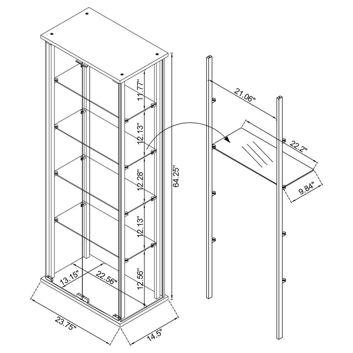Delphinium Glass Curio Cabinet - 4 Clear Glass Shelves & Chrome Hardware in Black – view 11