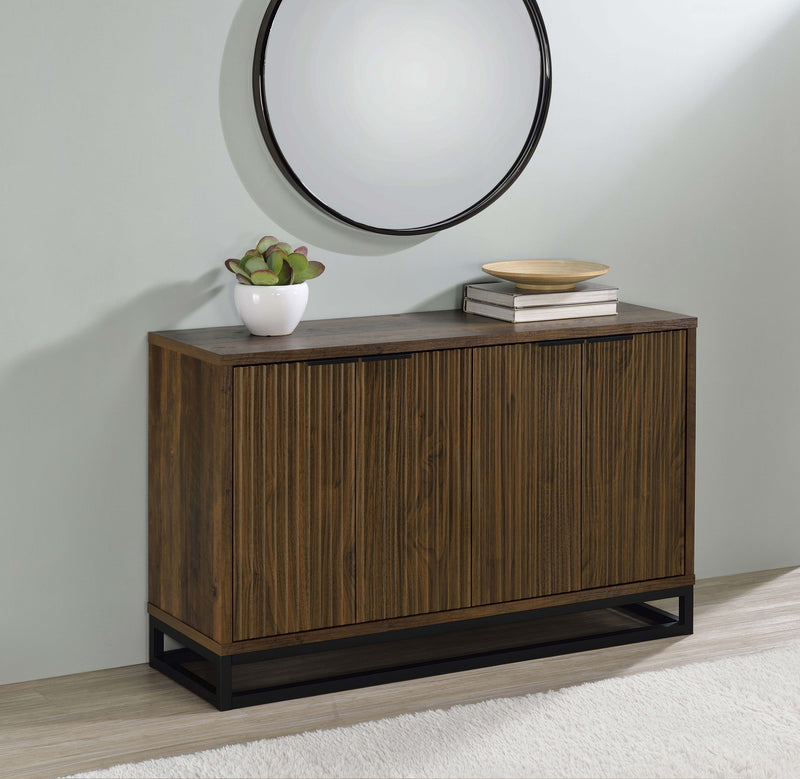 Ryatt 4-Door Fluted Accent Cabinet - Dark Pine with Black Metal Base