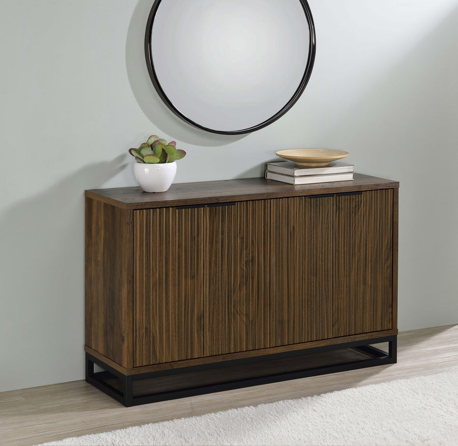 Ryatt 4-Door Fluted Accent Cabinet - Dark Pine with Black Metal Base
