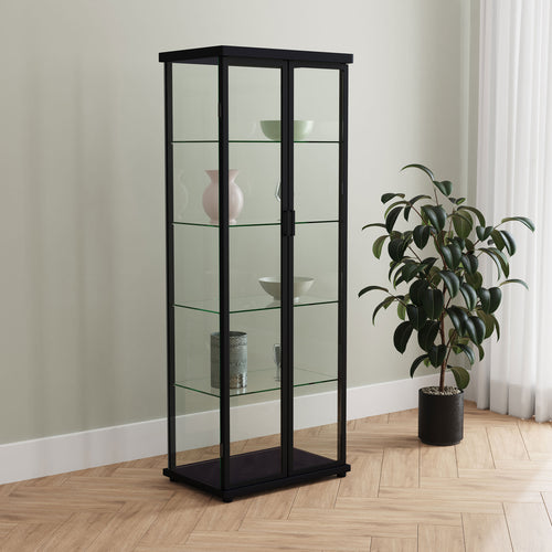 Aero 4-Shelf Glass Curio Cabinet with LED Lighting - Modern Black Display Cabinet with Rounded Corners