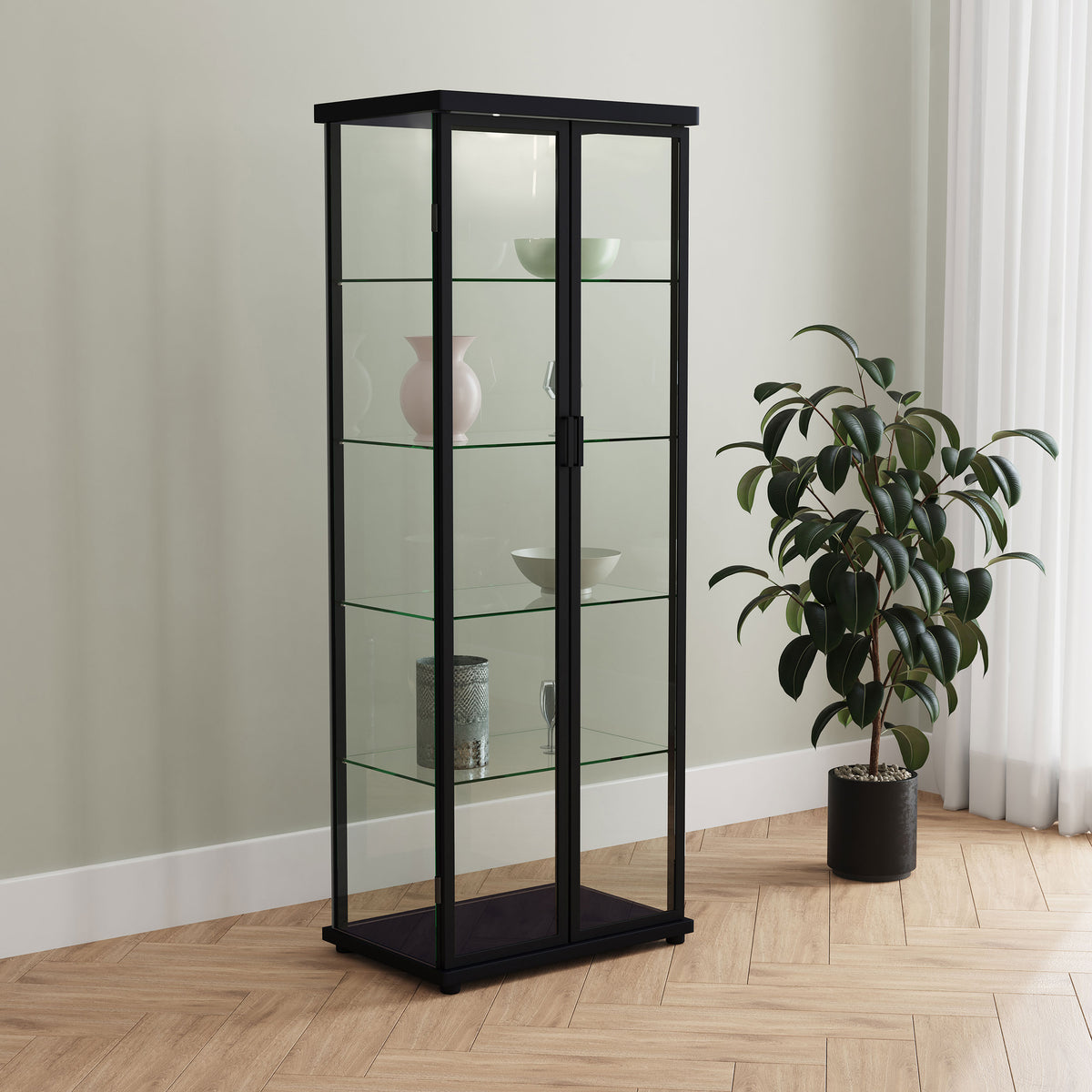 Aero 4-Shelf Glass Curio Cabinet with LED Lighting - Modern Black Display Cabinet with Rounded Corners – view 3