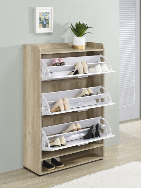 Denia 3-Tier Tilt-Out Shoe Cabinet with Open Shelf - Space-Saving Entryway Storage in White – view 3