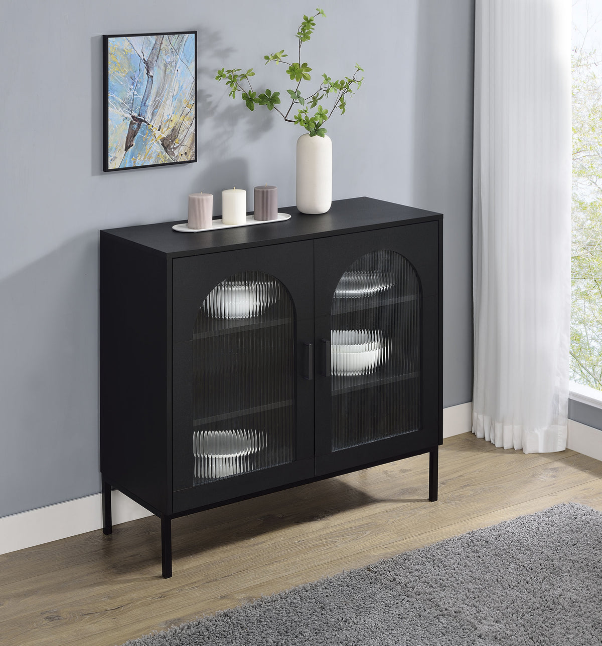 Jess Arched Fluted Glass 2-Door Accent Cabinet - Black with Slender Metal Legs – view 1
