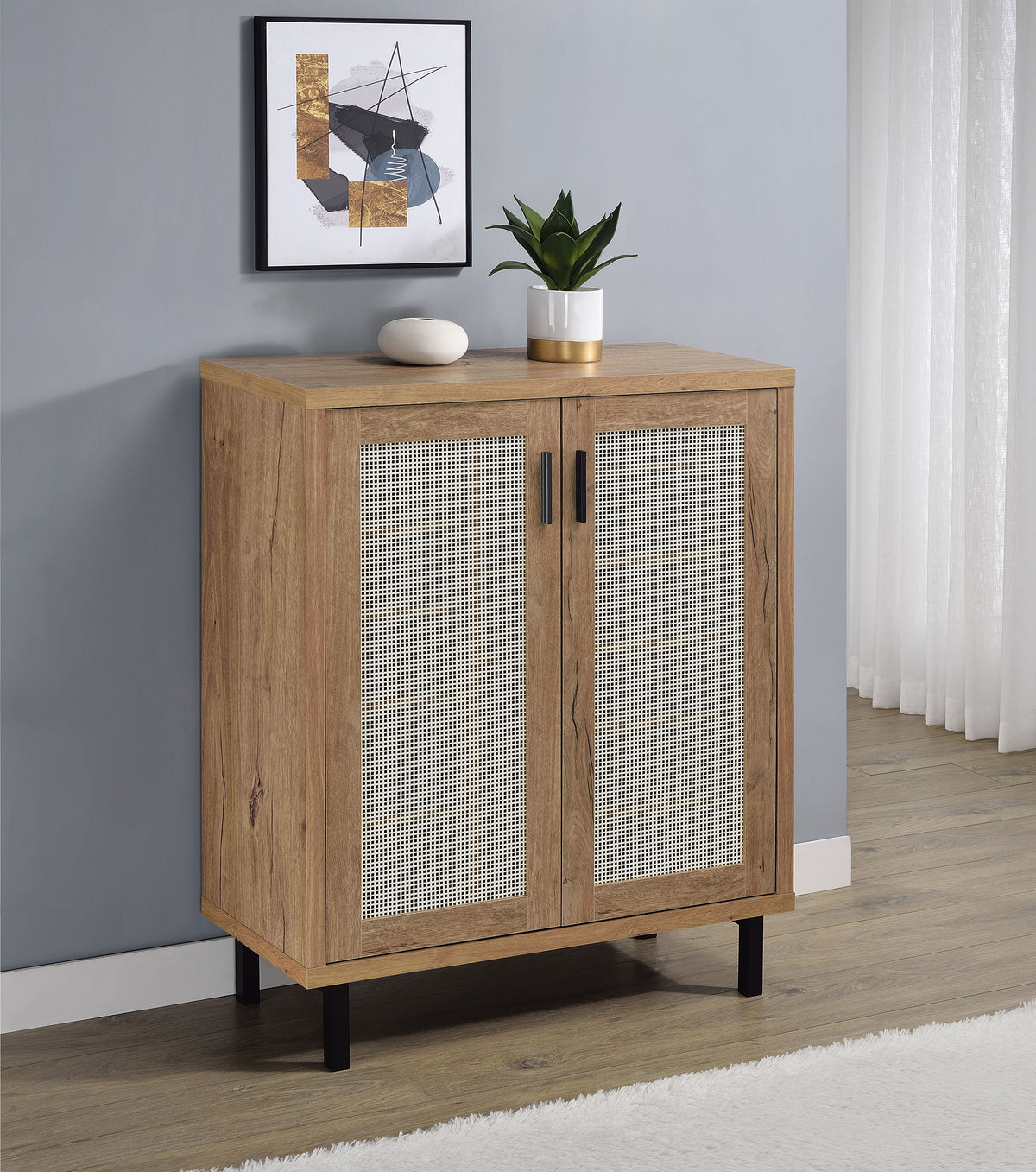 Teller 2-Door Shoe Cabinet with Metal Cane Panels - Natural Oak on Black Metal Legs – view 1