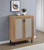 Teller 2-Door Shoe Cabinet with Metal Cane Panels - Natural Oak on Black Metal Legs – view 1