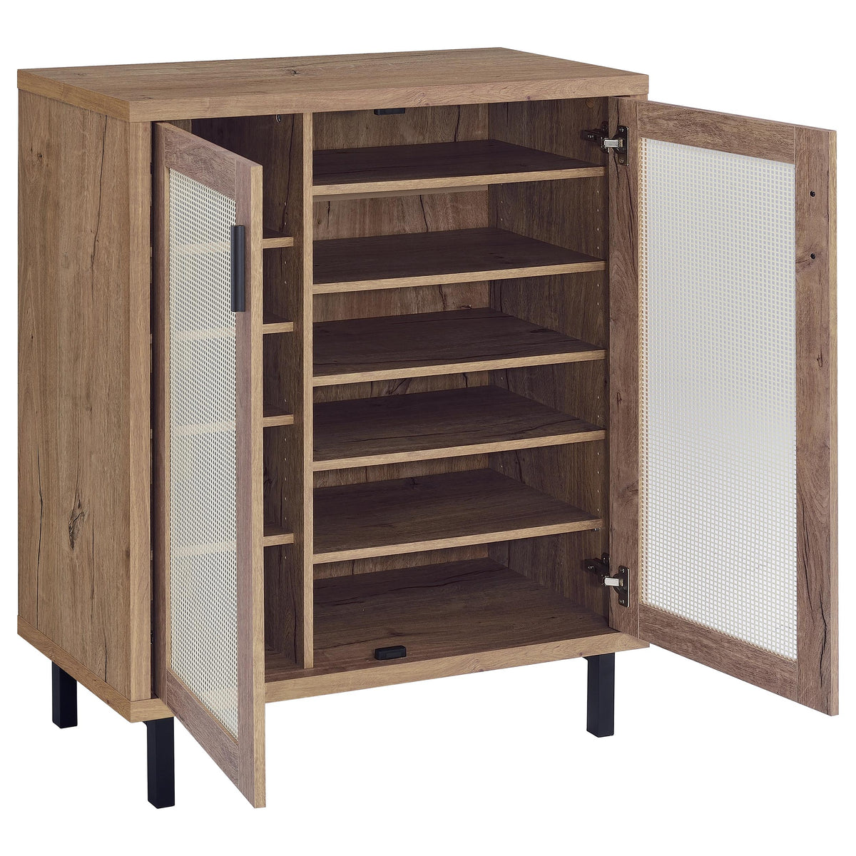Teller 2-Door Shoe Cabinet with Metal Cane Panels - Natural Oak on Black Metal Legs – view 3